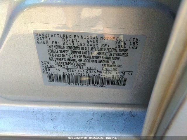 Nissan SENTRA SV 2019 3N1AB7AP9KY360026 Image 10