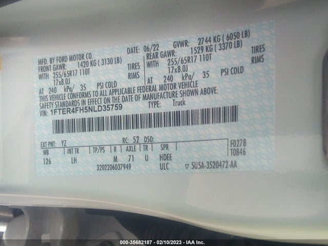 2022 Ford Ranger, VIN: 1FTER4FH5NLD35759