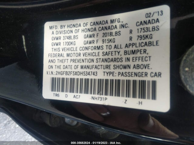 2013 HONDA CIVIC SDN LX VIN: 2HGFB2F5XDH534743