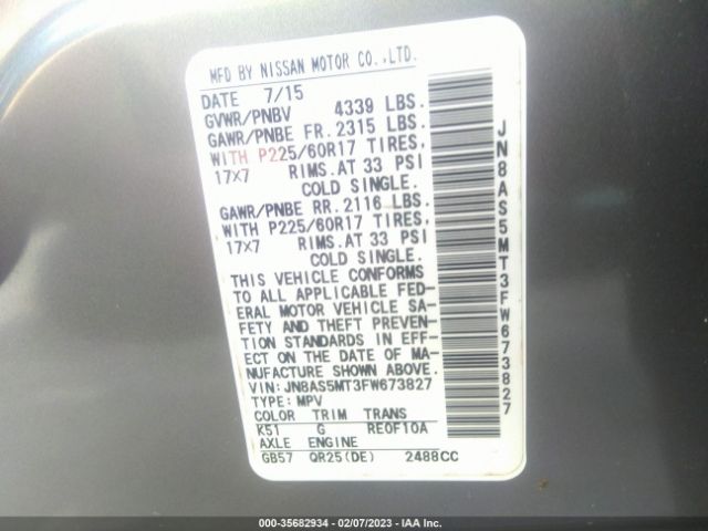 JN8AS5MT3FW673827 Nissan Rogue Select S