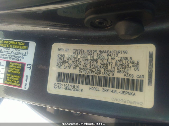 2013 TOYOTA COROLLA L/LE/S VIN: 5YFBU4EE4DP188218