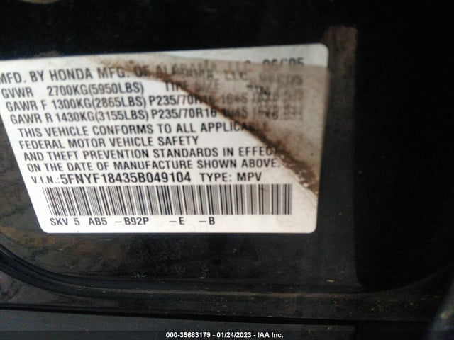 2005 HONDA PILOT EX VIN: 5FNYF18435B049104
