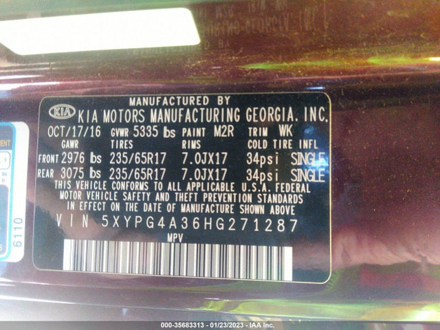 2017 Kia Sorento, VIN: 5XYPG4A36HG271287