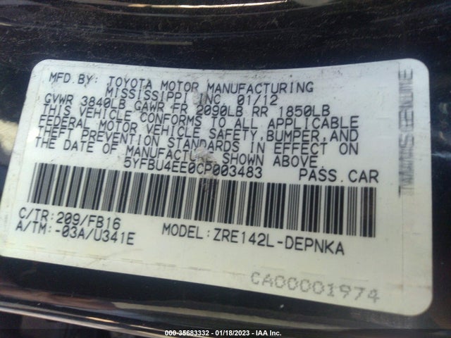 2012 TOYOTA COROLLA L/LE/S VIN: 5YFBU4EE0CP003483
