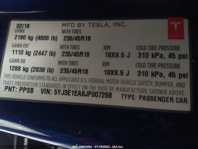 Tesla Model 3 Range Battery 2018 5YJ3E1EA8JF007268 Image 9