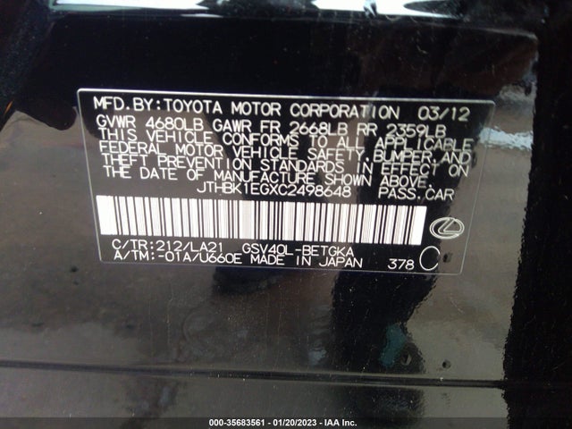Lexus ES 350 2012 JTHBK1EGXC2498648 Image 9