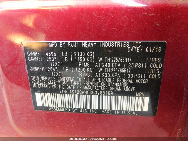 2016 SUBARU OUTBACK 2.5I PREMIUM VIN: 4S4BSAHC3G3288169