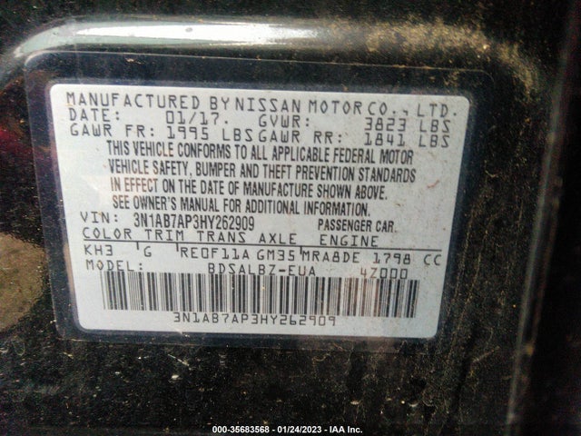 2017 NISSAN SENTRA S VIN: 3N1AB7AP3HY262909