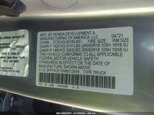 2021 HONDA RIDGELINE SPORT VIN: 5FPYK3F16MB012599