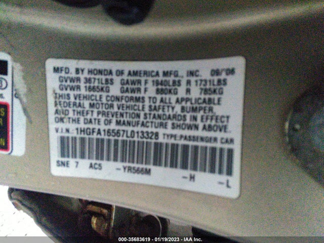 2007 HONDA CIVIC SDN LX VIN: 1HGFA16567L013328