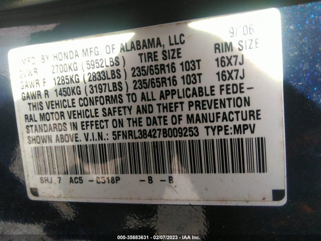 2007 HONDA ODYSSEY EX VIN: 5FNRL38427B009253