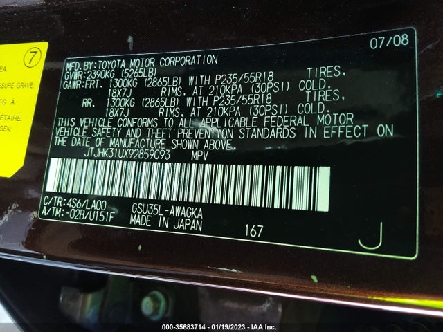 35683714 :رقم المزاد ، JTJHK31UX92859093 vin ، 2009 Lexus Rx 350 مزاد بيع