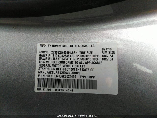 2019 HONDA ODYSSEY EX VIN: 5FNRL6H56KB024499