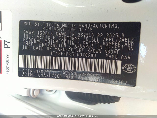 2015 TOYOTA CAMRY XLE/SE/LE/XSE VIN: 4T1BF1FK5FU070290