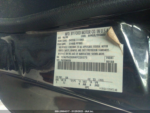 1998 FORD MUSTANG GT VIN: 1FAFP42X8WF220375