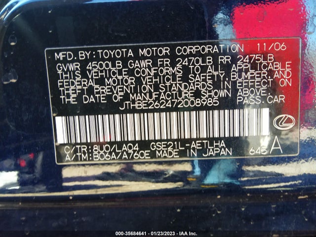 Продажа на аукционе авто 2007 Lexus Is 350, vin: JTHBE262472008985, номер лота: 35684641
