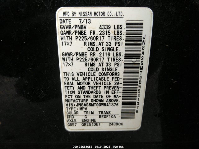 2013 NISSAN ROGUE SV VIN: JN8AS5MT9DW541376