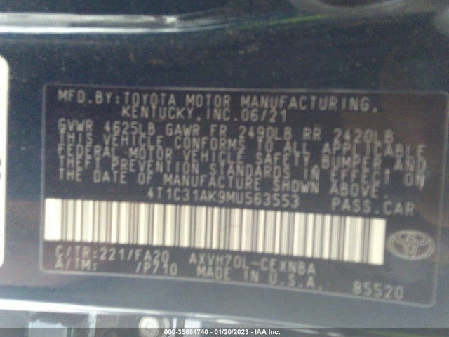 2021 Toyota Camry, VIN: 4T1C31AK9MU563553