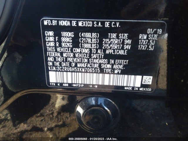 2019 Honda HR-V, VIN: 3CZRU6H5XKM706515