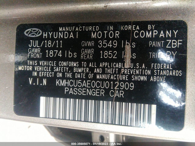 2012 HYUNDAI ACCENT SE VIN: KMHCU5AE0CU012909