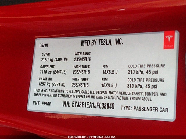 Tesla MODEL 3 2018 5YJ3E1EA1JF038040 Image 11
