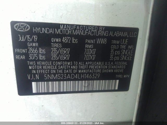 2020 Hyundai Santa Fe, VIN: 5NMS23AD4LH146329