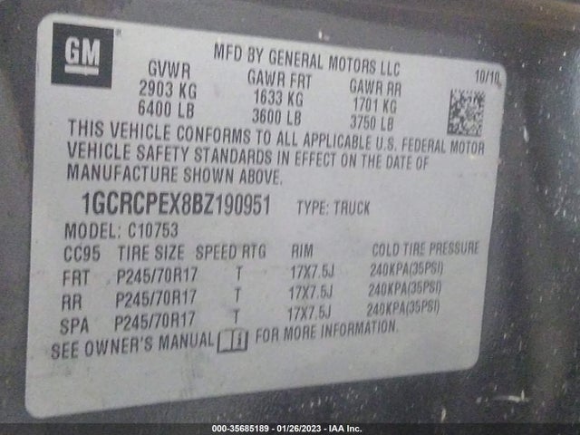 2011 CHEVROLET SILVERADO 1500 WORK TRUCK VIN: 1GCRCPEX8BZ190951