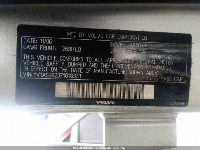 2007 VOLVO S80 I6 VIN: YV1AS982371018371