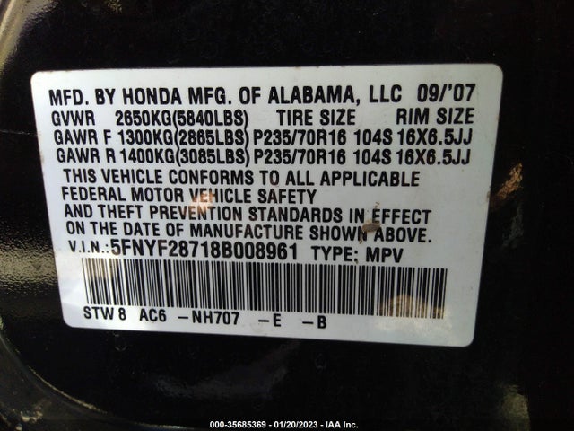 2008 HONDA PILOT EX-L VIN: 5FNYF28718B008961