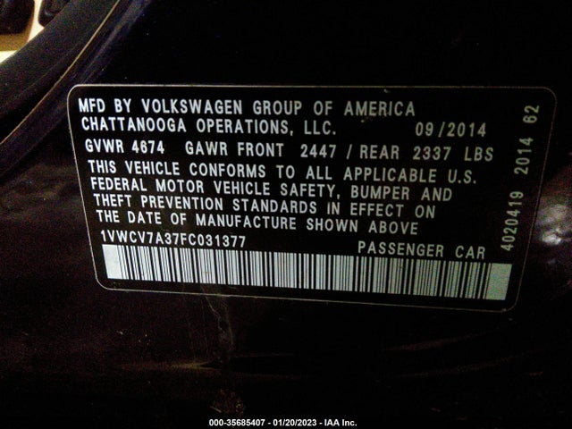 1VWCV7A37FC031377 Volkswagen Passat 2.0l Tdi Sel Premium