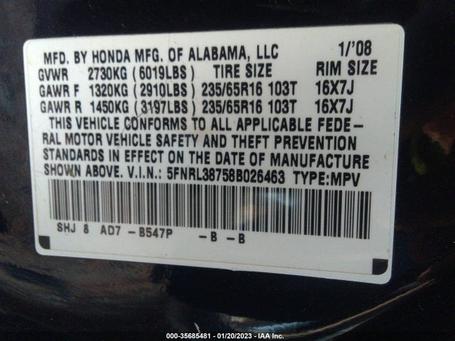 2008 Honda Odyssey Ex-l მანქანა იყიდება აუქციონზე, vin: 5FNRL38758B026463, აუქციონის ნომერი: 35685481