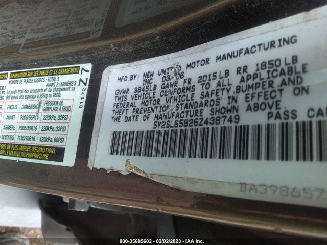 2006 PONTIAC VIBE VIN: 5Y2SL65826Z438749