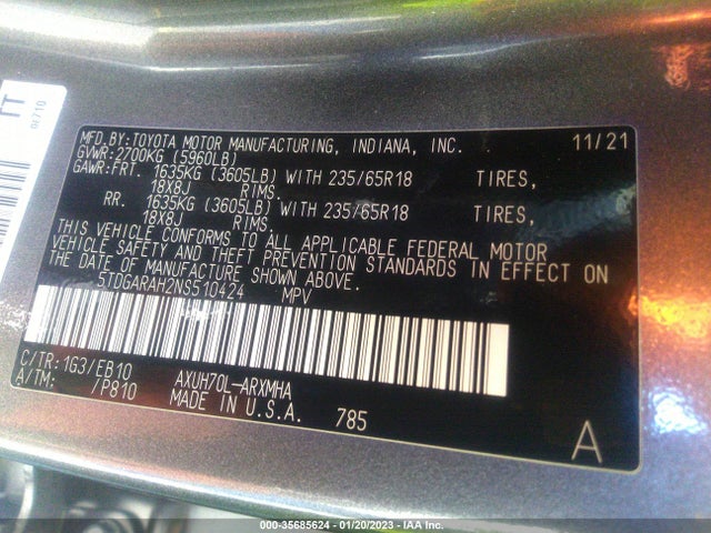 2022 Toyota Highlander, VIN: 5TDGARAH2NS510424