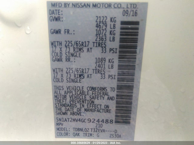 2016 NISSAN ROGUE SV VIN: 5N1AT2MV4GC924488