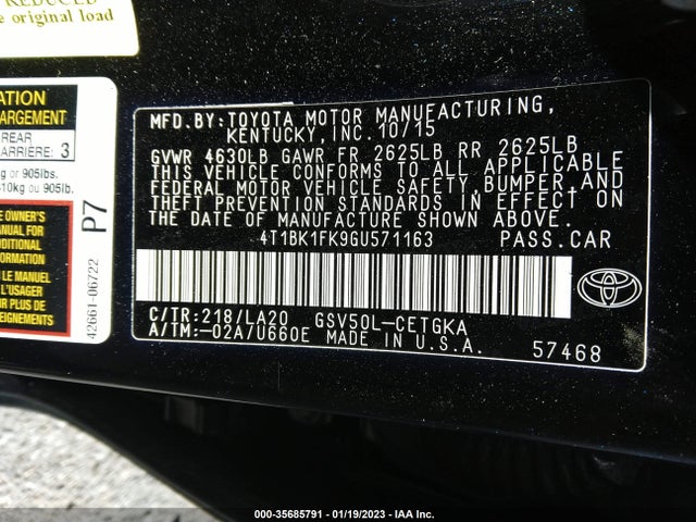 2016 Toyota Camry, VIN: 4T1BK1FK9GU571163