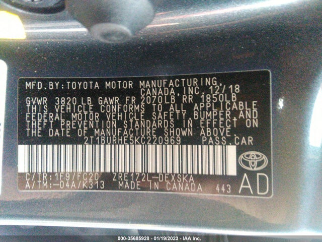 2019 Toyota Corolla, VIN: 2T1BURHE5KC220969