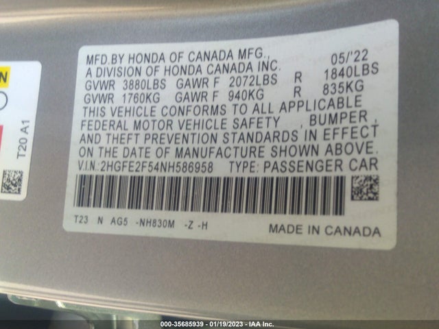 2022 Honda Civic, VIN: 2HGFE2F54NH586958