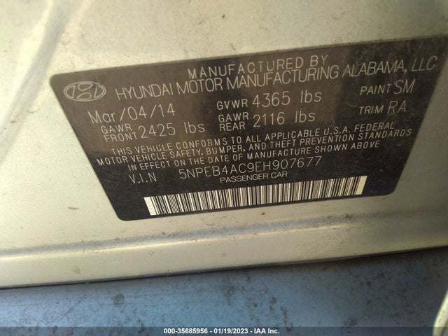 2014 HYUNDAI SONATA GLS VIN: 5NPEB4AC9EH907677