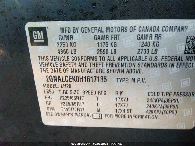 2017 Chevrolet Equinox, VIN: 2GNALCEK0H1617185