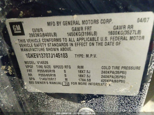 2007 GMC ACADIA SLE VIN: 1GKEV13707J145103