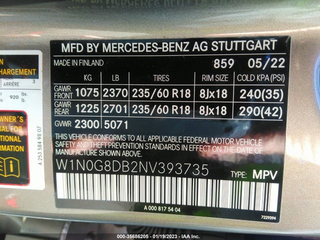 2022 Mercedes-Benz GLC-Class, VIN: W1N0G8DB2NV393735