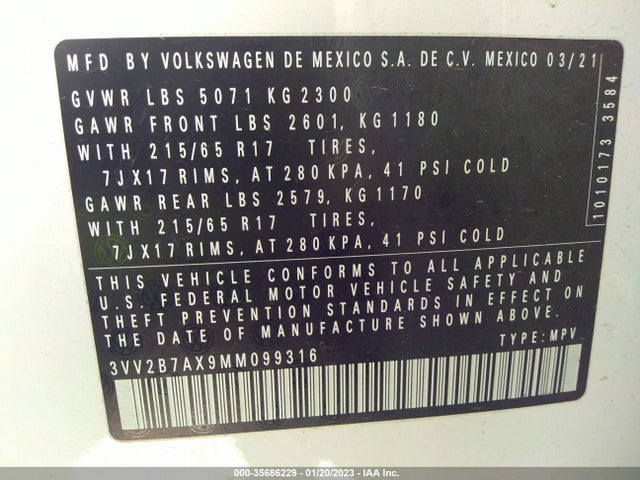 2021 Volkswagen Tiguan, VIN: 3VV2B7AX9MM099316