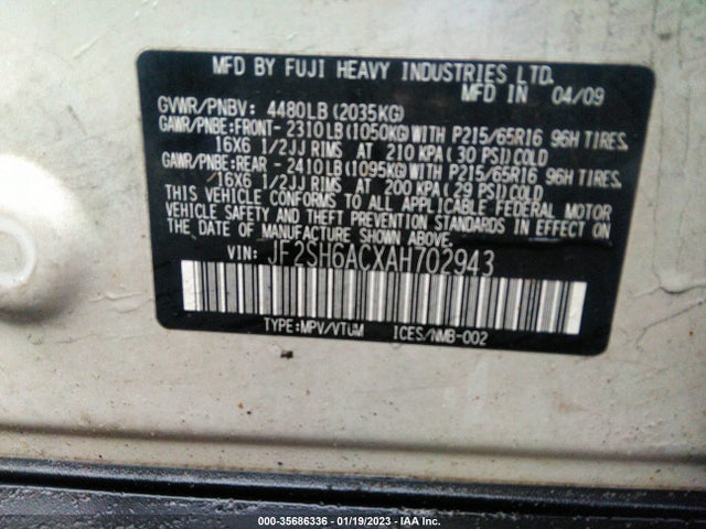 2010 SUBARU FORESTER 2.5X VIN: JF2SH6ACXAH702943