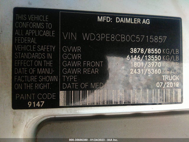 2012 MERCEDES-BENZ SPRINTER CARGO VANS VIN: WD3PE8CB0C5715857
