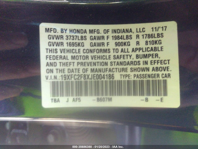 2018 HONDA CIVIC SEDAN EX VIN: 19XFC2F8XJE004186