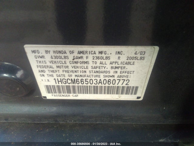 35686500 :رقم المزاد ، 1HGCM66503A060772 vin ، 2003 Honda Accord Sdn Ex مزاد بيع