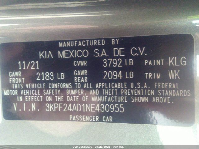 3KPF24AD1NE430955 KIA Forte Lxs