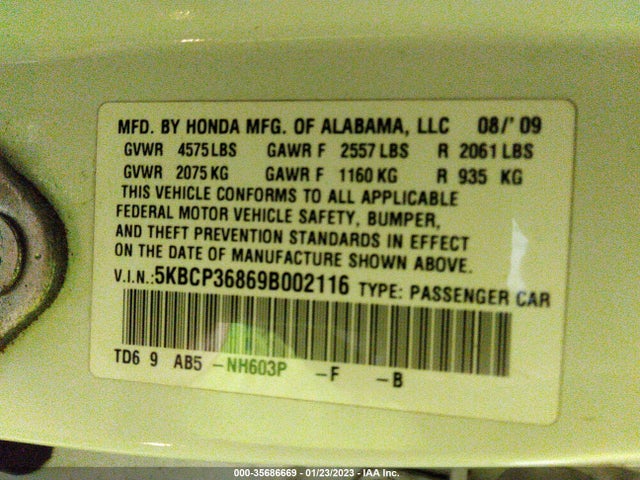 2009 HONDA ACCORD SDN EX-L VIN: 5KBCP36869B002116