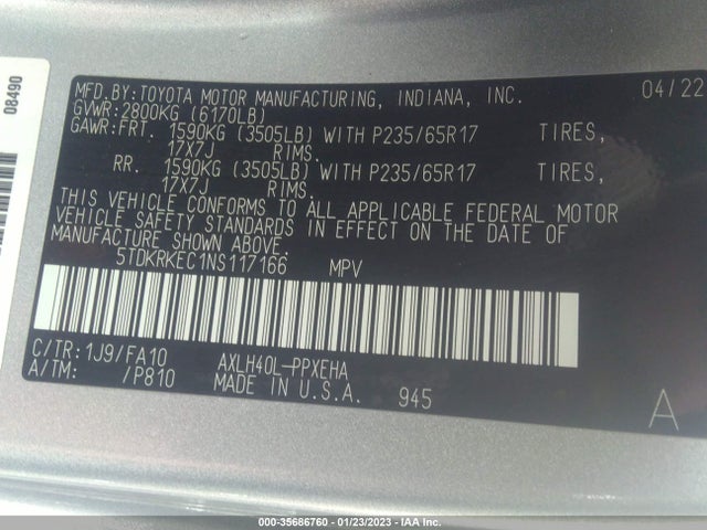 2022 Toyota Sienna, VIN: 5TDKRKEC1NS117166