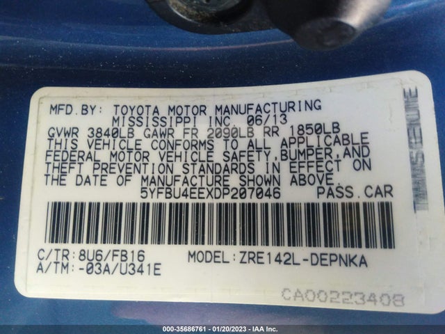 2013 TOYOTA COROLLA L/LE/S VIN: 5YFBU4EEXDP207046